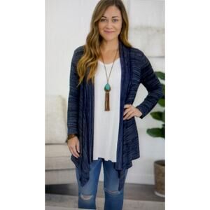 Chico's women's Large blue metallic silver knit cardigan sweater drape